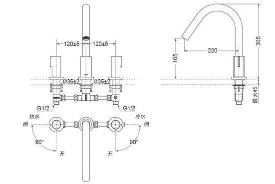 Bản vẽ kỹ thuật vòi xả bồn tắm 3 lỗ TOTO TBG11201B#PFG