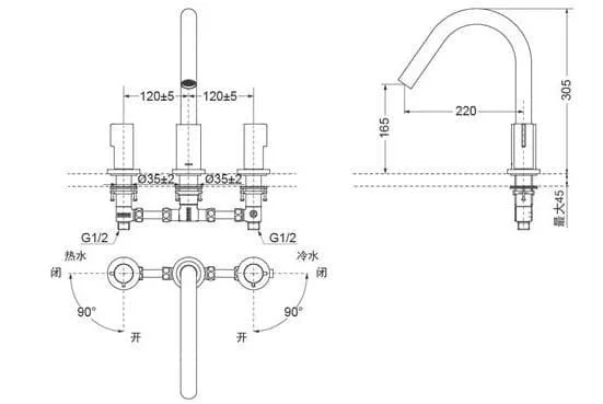 Bản vẽ kỹ thuật vòi xả bồn tắm 3 lỗ TOTO TBG11201B#PFG