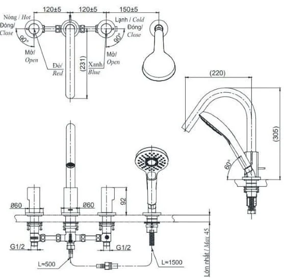Bản vẽ kỹ thuật vòi xả bồn tắm nóng lạnh 4 lỗ TOTO TBG11202A#MBL