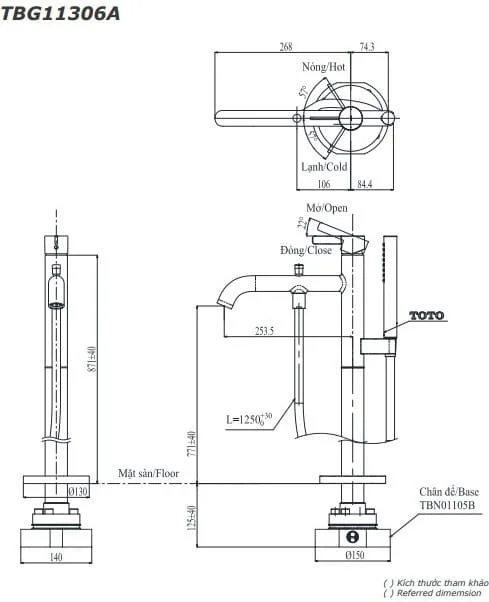 Bản vẽ kỹ thuật vòi xả bồn tắm đặt sàn TOTO TBG11306AA#MBL