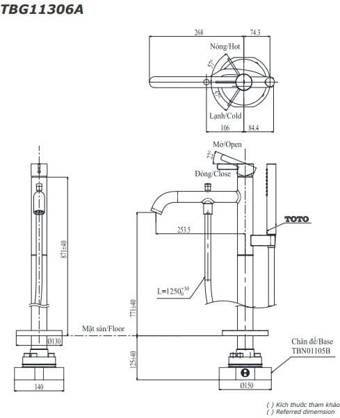 Bản vẽ kỹ thuật vòi xả bồn tắm đặt sàn TOTO TBG11306AA#PFG