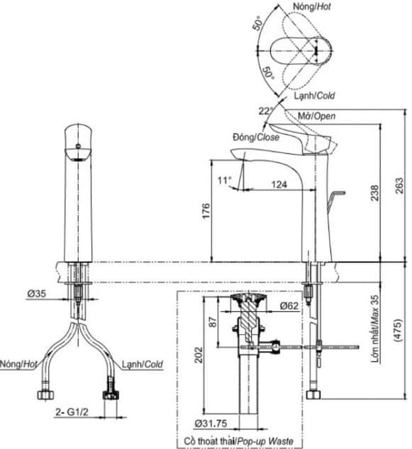 Bản vẽ kỹ thuật vòi gật gù nóng lạnh TOTO TLG01304B#MBL
