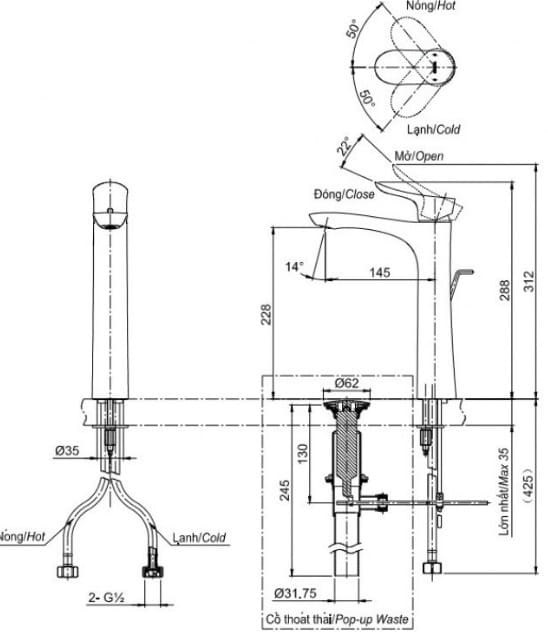 Bản vẽ kỹ thuật vòi gật gù nóng lạnh TOTO TLG01307B#BFG