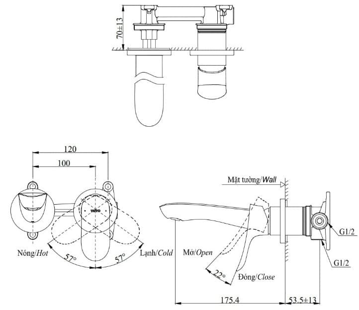 Bản vẽ kỹ thuật vòi gật gù nóng lạnh TOTO TLG01310BB#MBL