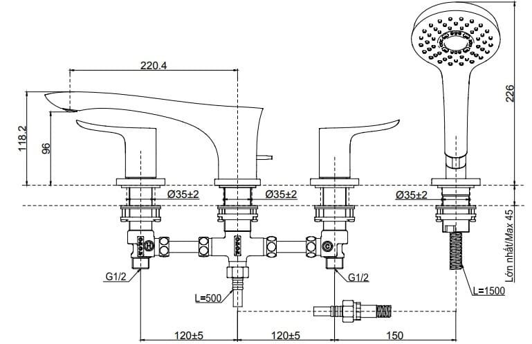 Bản vẽ kỹ thuật vòi xả bồn tắm gắn bồn TOTO TBG01202BB#BN