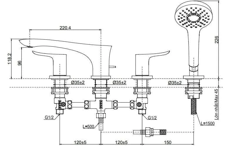 Bản vẽ kỹ thuật vòi xả bồn tắm gắn bồn TOTO TBG01202BC#MBL
