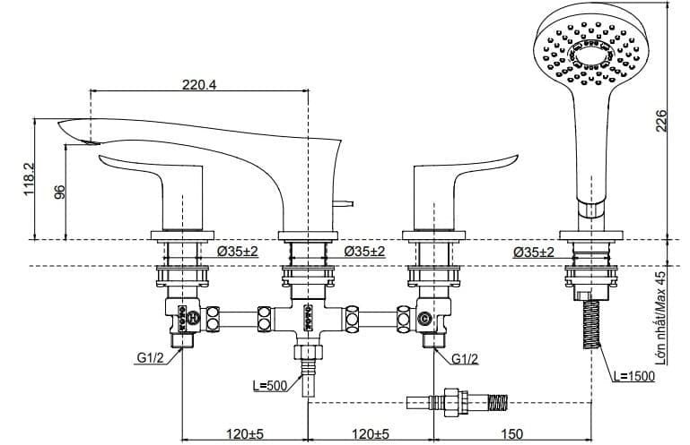Bản vẽ kỹ thuật vòi xả bồn tắm gắn bồn TOTO TBG01202BB#PFG