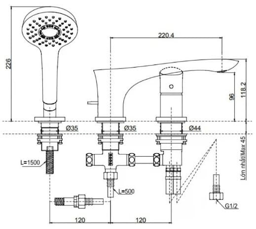 Bản vẽ kỹ thuật vòi xả bồn tắm 3 lỗ TOTO TBG01305BC#MBL