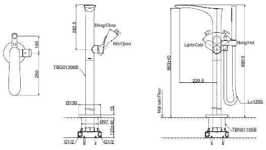 Bản vẽ kỹ thuật vòi xả bồn tắm đặt sàn TOTO TBG01306BA#BFG