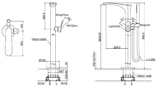 Bản vẽ kỹ thuật vòi xả bồn tắm đặt sàn TOTO TBG01306BA#BFG
