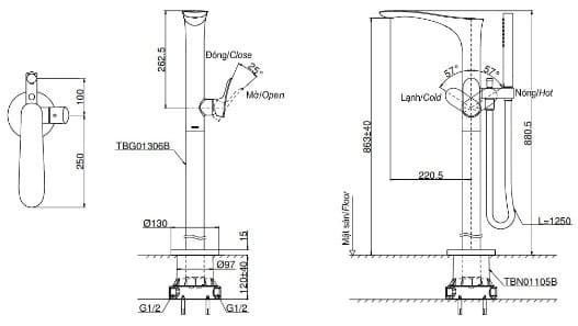 Bản vẽ kỹ thuật vòi xả bồn tắm đặt sàn TOTO TBG01306BA#PFG