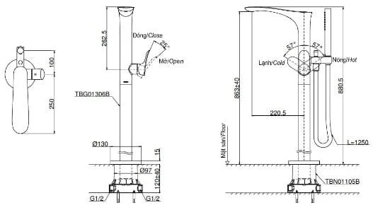 Bản vẽ kỹ thuật vòi xả bồn tắm đặt sàn TOTO TBG01306BA#PFG