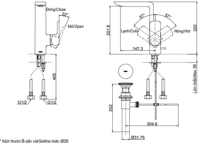 Bản vẽ kỹ thuật vòi chậu nóng lạnh TOTO TLG02309BB#MBL