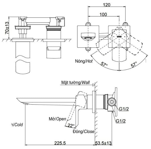 Bản vẽ kỹ thuật vòi nóng lạnh gắn tường TOTO TLG02311BB#MBL