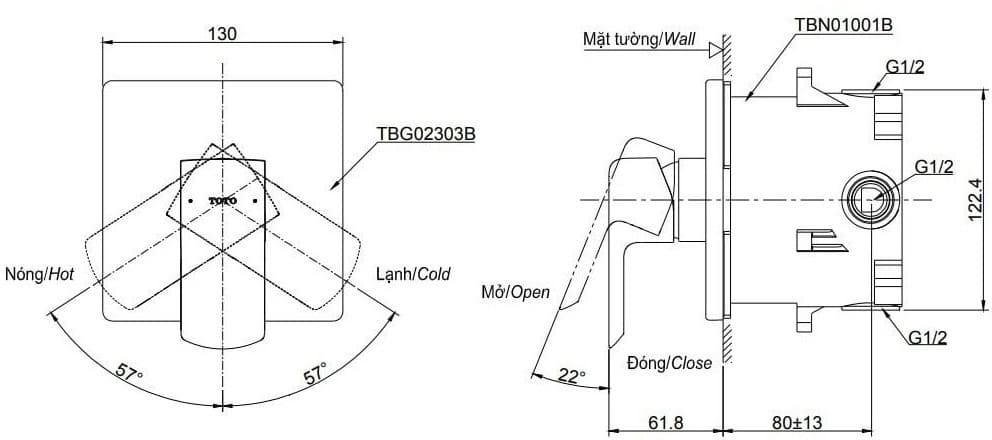 Bản vẽ kỹ thuật van điều chỉnh nóng lạnh TOTO TBG02303BB#MBL