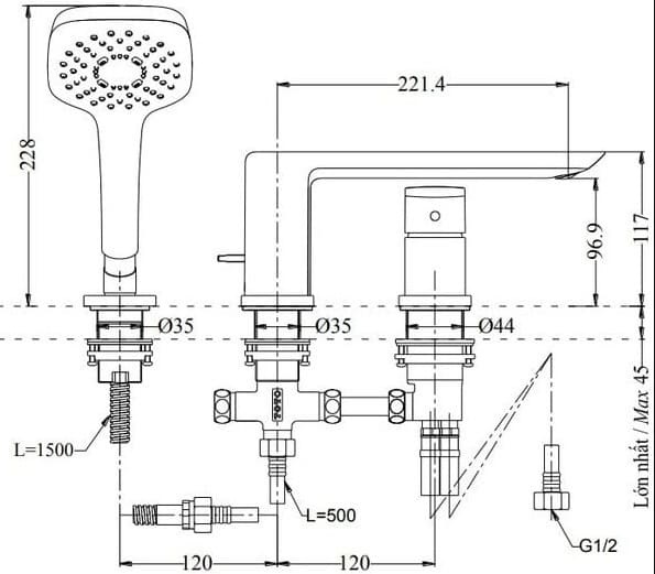 Bản vẽ kỹ thuật vòi xả bồn tắm gắn bồn 3 lỗ TOTO TBG02305AA#MBL