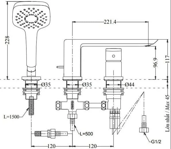 Bản vẽ kỹ thuật vòi xả bồn tắm gắn bồn 3 lỗ TOTO TBG02305AA#MBL