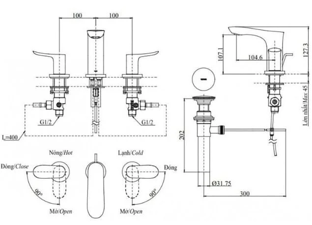Bản vẽ kỹ thuật vòi chậu nóng lạnh 3 lỗ TOTO TLG02201BB#BN