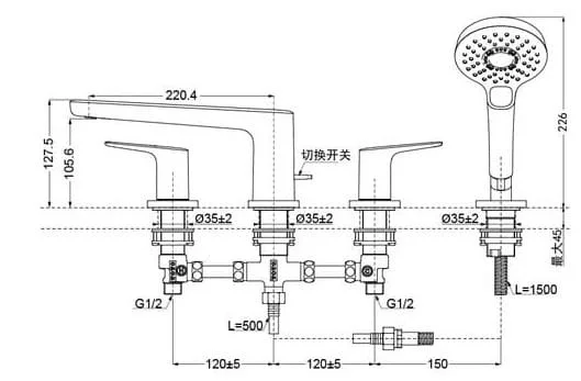 Bản vẽ kỹ thuật vòi sen xả bồn tắm gắn bồn TOTO TBG03202BC#BFG