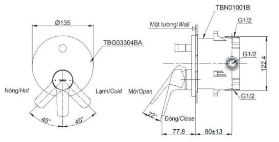 Bản vẽ kỹ thuật van diều chỉnh nóng lạnh TOTO TBG03304BB#MBL