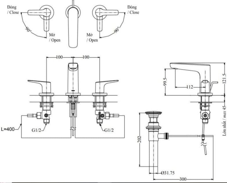 Bản vẽ kỹ thuật vòi chậu nóng lạnh 3 lỗ TOTO TLG03201BB#PFG