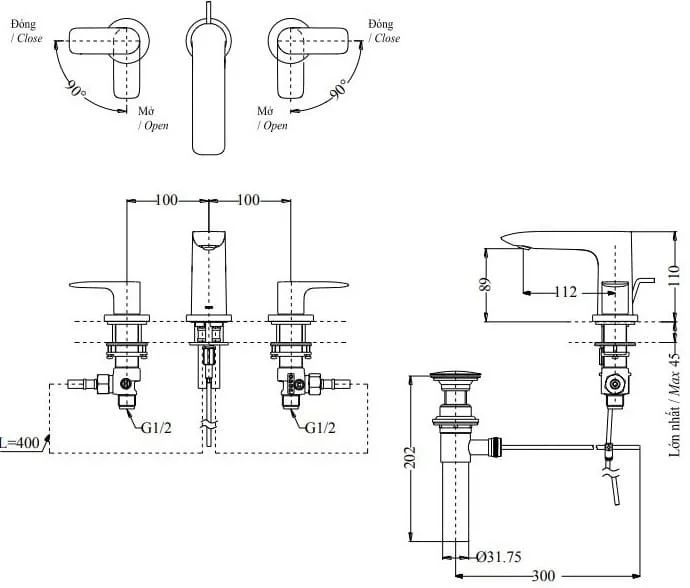 Bản vẽ kỹ thuật vòi chậu rửa mặt 3 lỗ TOTO TLG04201BB#PFG
