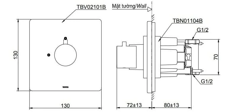 Bản vẽ kỹ thuật van điều chỉnh nóng lạnh TOTO TBV02101B#BN