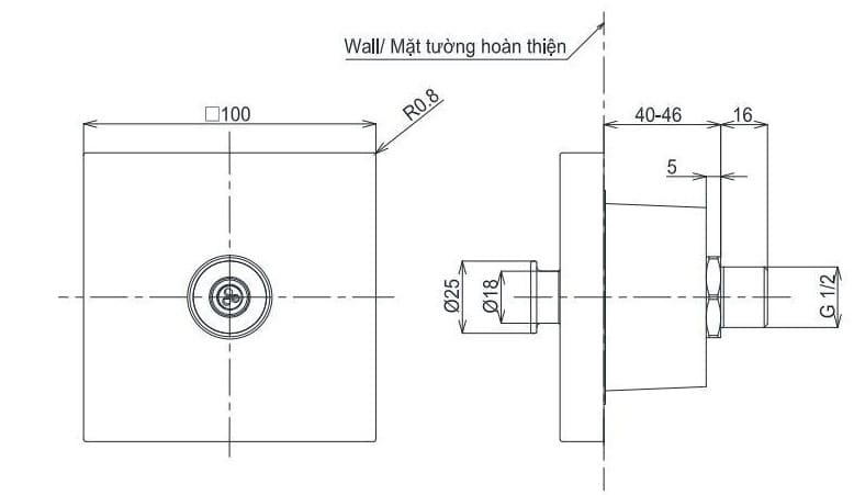 Bản vẽ kỹ thuật đầu phun sen âm tường 1 chế độ TOTO TBW08008A
