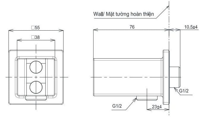 Bản vẽ kỹ thuật gác sen kèm cút nối tường TOTO TBW08010A