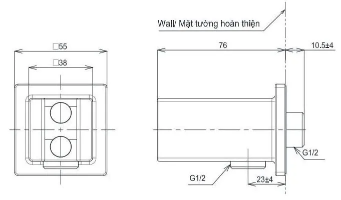 Bản vẽ kỹ thuật gác sen kèm cút nối tường TOTO TBW08010A