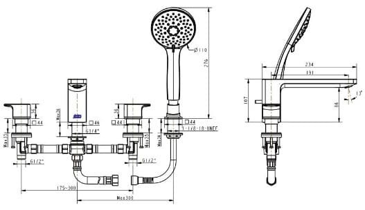 Bản vẽ kỹ thuật vòi bồn tắm gắn bồn màu vàng hồng American Standard WF-1300WS 