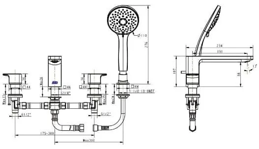 Bản vẽ kỹ thuật vòi bồn tắm gắn bồn màu vàng hồng American Standard WF-1300WS