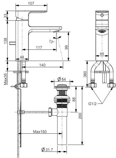 Bản vẽ kỹ thuật vòi chậu 1 lỗ nóng lạnh màu vàng hồng American Standard WF-1301WS