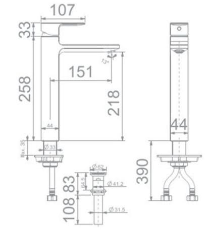 Bản vẽ kỹ thuật vòi chậu 1 lỗ nóng lạnh màu vàng hồng American Standard WF-1302WS 
