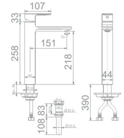 Bản vẽ kỹ thuật vòi chậu 1 lỗ nóng lạnh màu vàng hồng American Standard WF-1302WS 