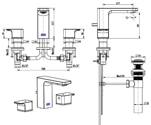Bản vẽ kỹ thuật vòi chậu 3 lỗ American Standard WF-1303WS 