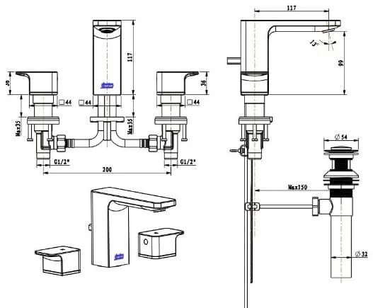 Bản vẽ kỹ thuật vòi chậu 3 lỗ American Standard WF-1303WS 