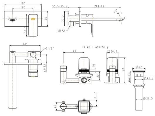 Bản vẽ kỹ thuật vòi chậu nóng lạnh gắn tường màu vàng hồng American Standard WF-1304WS