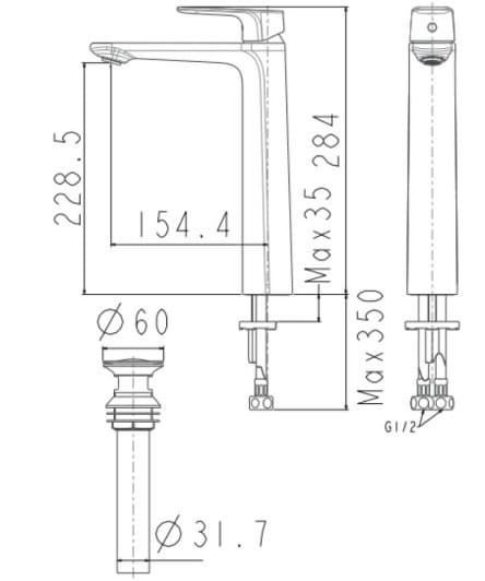 Bản vẽ kỹ thuật vòi lavabo nóng lạnh 1 chân cao màu đen American Standard Wf-1702HG 