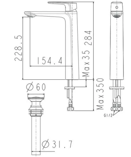 Bản vẽ kỹ thuật vòi lavabo nóng lạnh 1 chân cao màu đen American Standard Wf-1702HG 