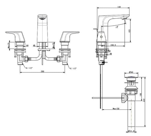 Bản vẽ kỹ thuật vòi chậu nóng lạnh 3 chân gắn chậu American Standard WF-1703WS