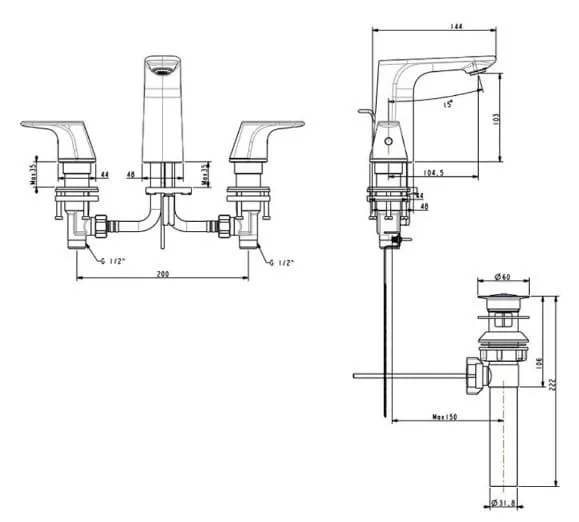 Bản vẽ kỹ thuật vòi chậu nóng lạnh 3 chân gắn chậu American Standard WF-1703WS