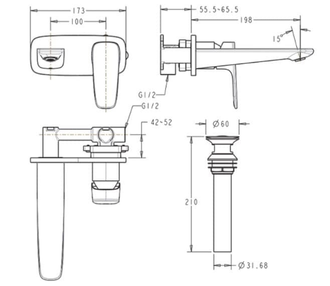 Bản vẽ kỹ thuật vòi chậu nóng lạnh gắn tường American Standard WF-1704 