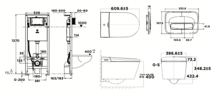 Bản vẽ kỹ thuật bồn cầu treo tường nắp điện tử American Standard 1073919990 