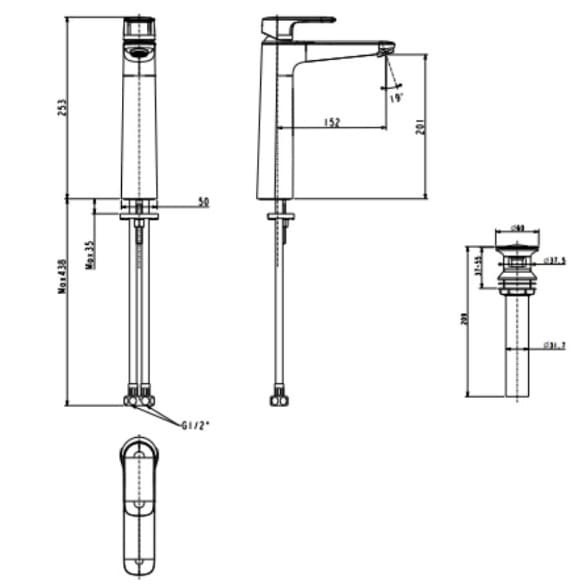 Bản vẽ kỹ thuật vòi chậu nóng lạnh thân cao Loven American Standard WF-1M02
