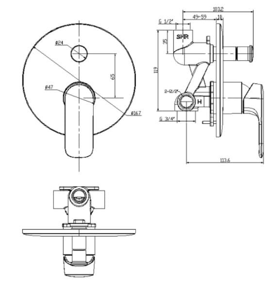 Bản vẽ kỹ thuật vòi sen tắm âm tường Loven American Standard WF-1M21 (WF1M21)