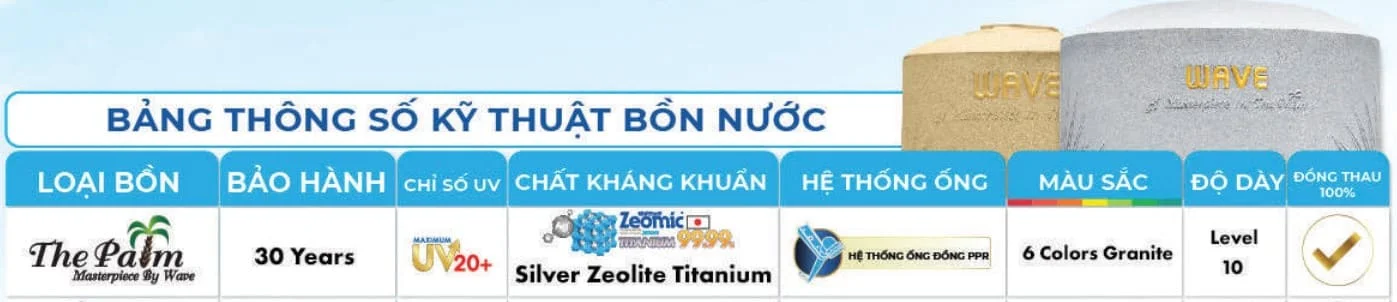 Thông số kỹ thuật bồn nước kháng khuẩn The Palm