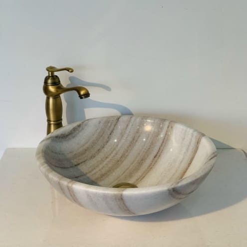 Chậu Rửa Mặt Đá Tròn Mỏng Màu Trắng Vân Nâu Eximstone BST12 