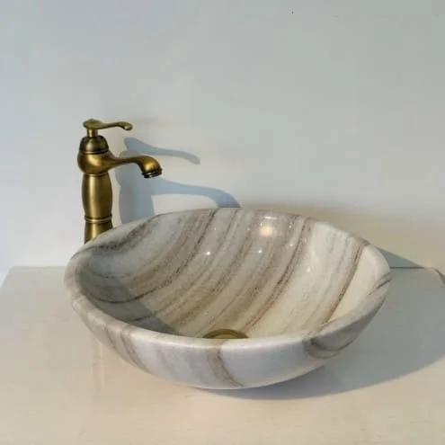 Chậu Rửa Mặt Đá Tròn Mỏng Màu Trắng Vân Nâu Eximstone BST12 