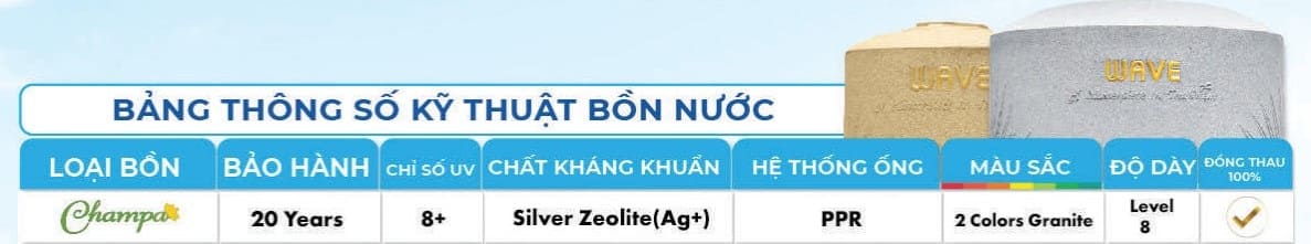 Thông số kỹ thuật bồn nước kháng khuẩn Wave Champa